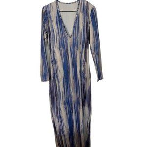 Fashion Maxi Dress Fitted Deep Vneck Medium Blue Color Print